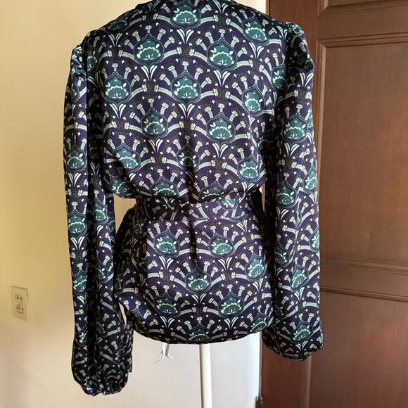 NEVER FULLY DRESSED | Navy Blue and Green Blouson Sleeve Wrap Blouse | US Size 8 - Picture 2 of 5